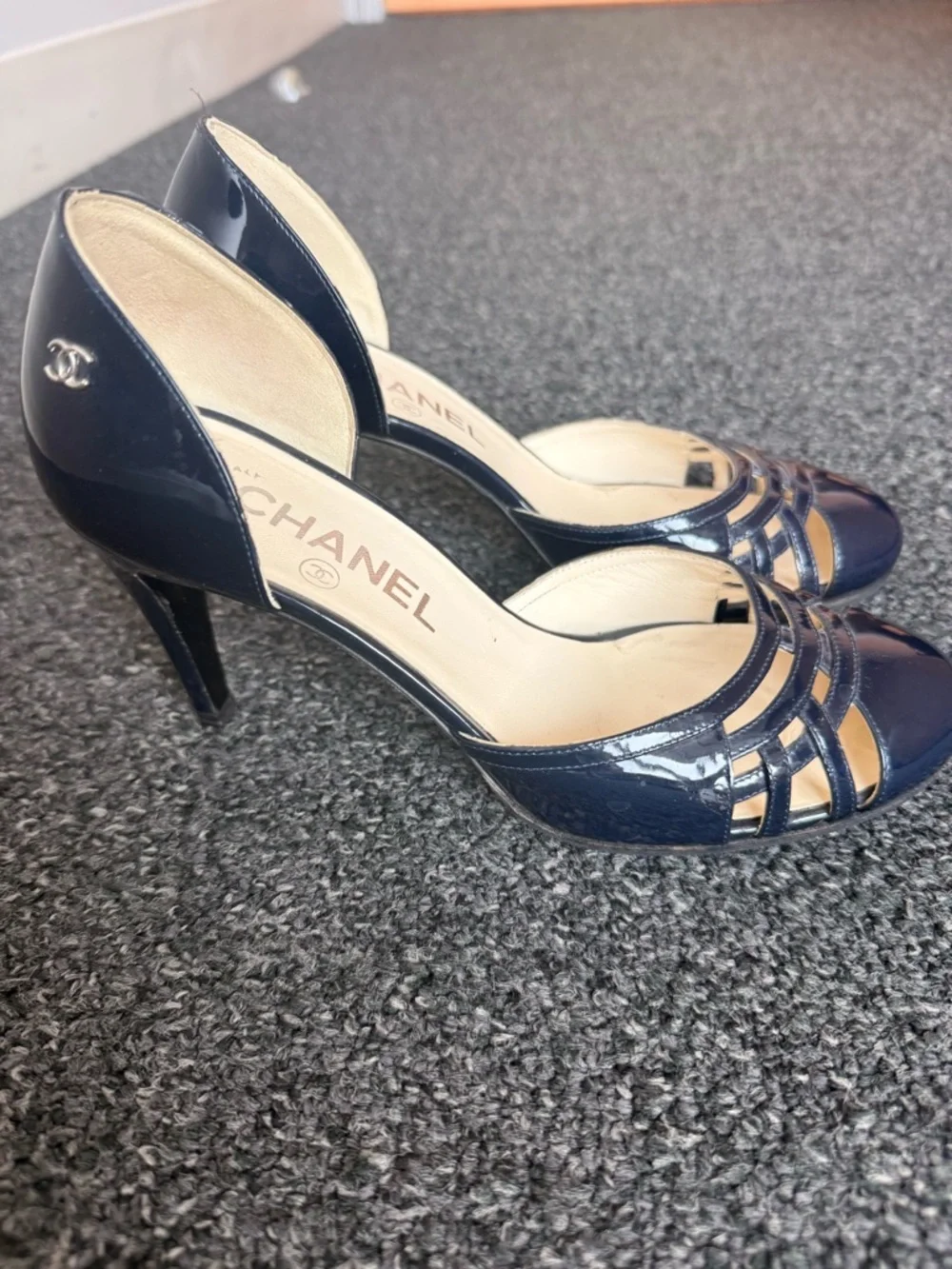 CHANEL Navy Patent Leather Strappy D'Orsay Heels